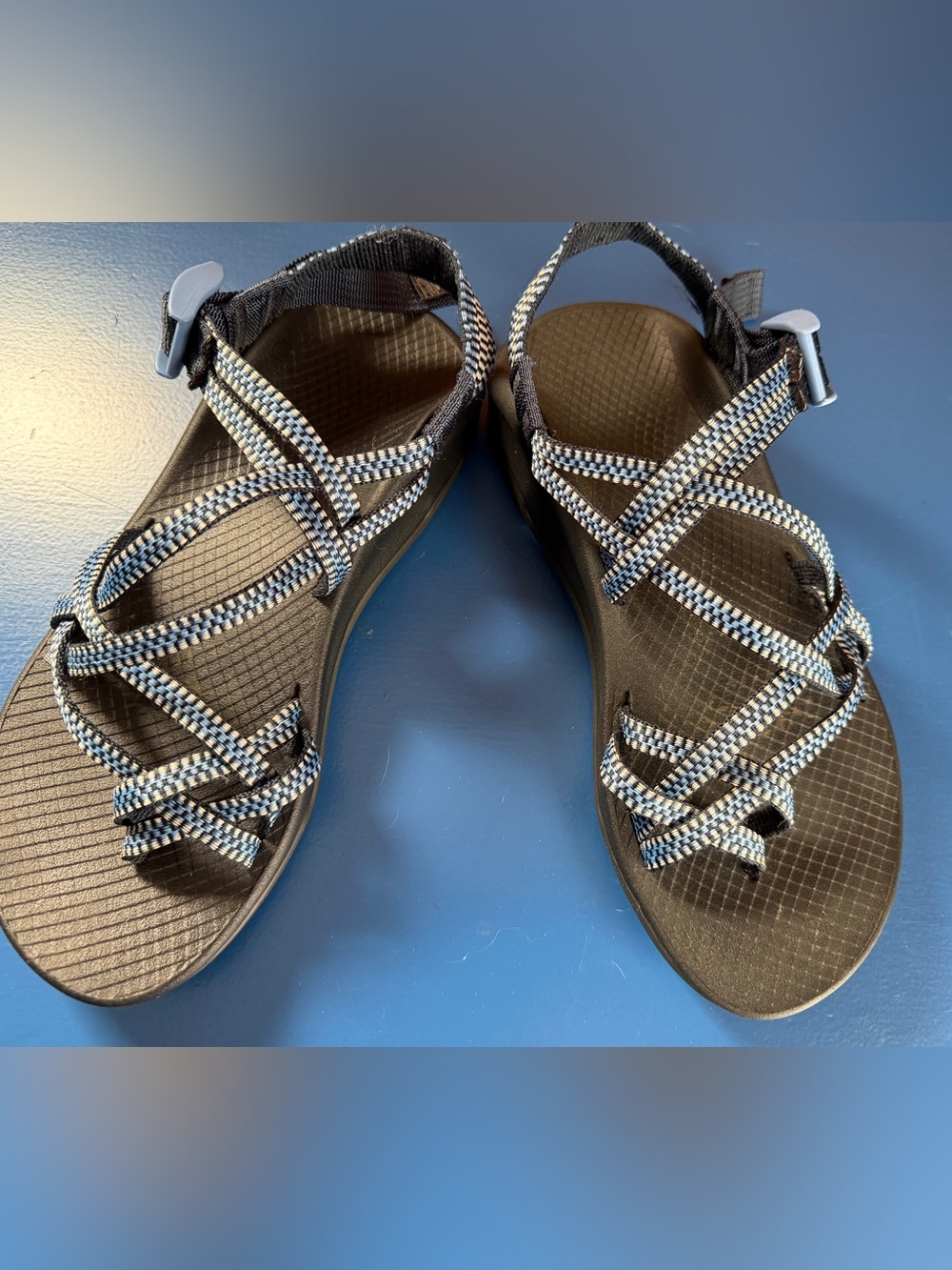Chaco Black Sandals with Blue and White Striped Webbing